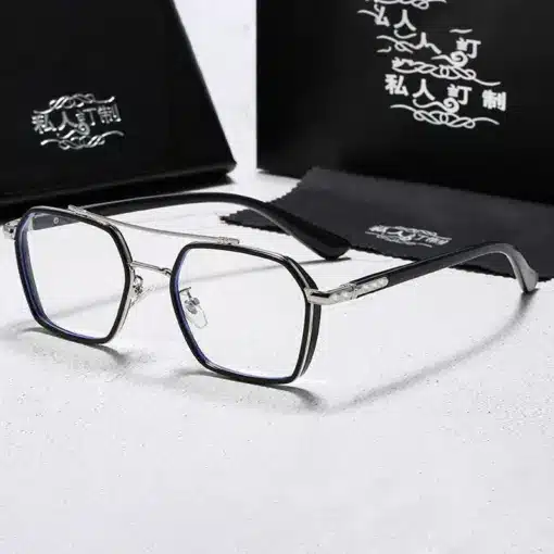 A889 Black & Silver Frame Geometric Premium Eyeglasses