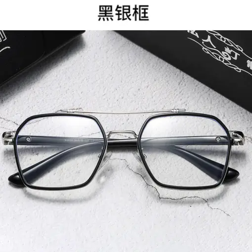 A889 Black & Silver Frame Geometric Premium Eyeglasses - Image 4