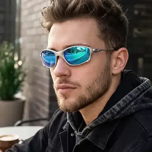 A910 Silver Frame Blue Lens Stylish Premium Sunglasses - Image 3